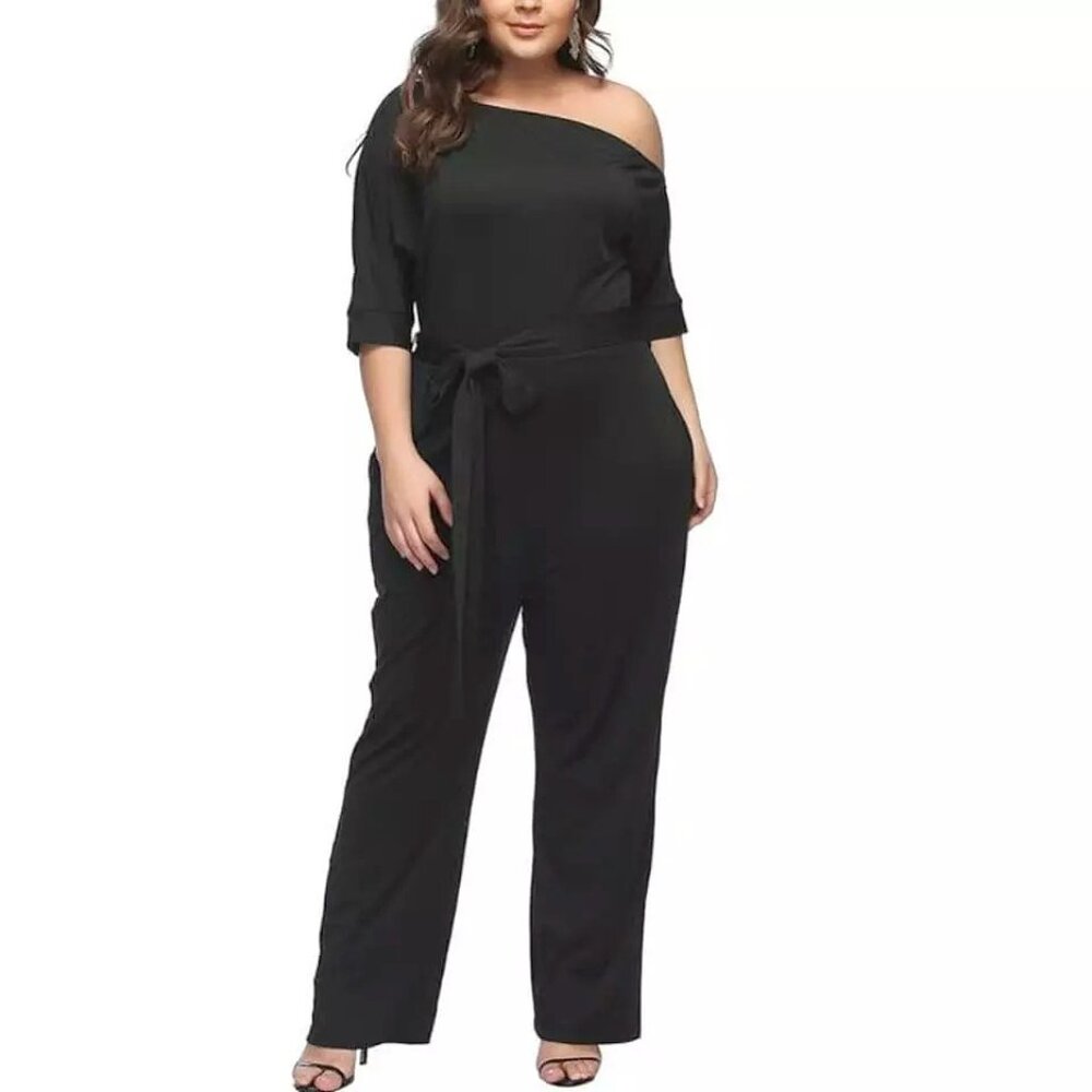 Women's Half Sleeve Slanted One Shoulder Straight Leg Belted Waist Jumpsuit XL